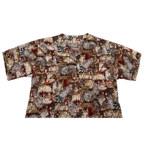 Pearl Healthwear Cat Print Scrub Top Medium Cotton Pearl Snap Made In USA - Picture 2 of 6